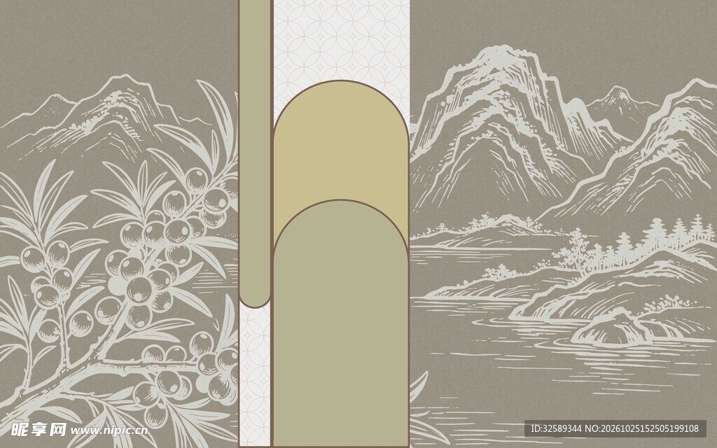 中式线描山水装饰背景