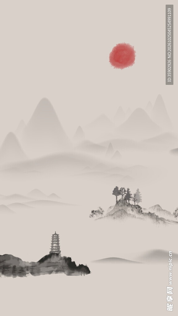 古风水墨山水日出