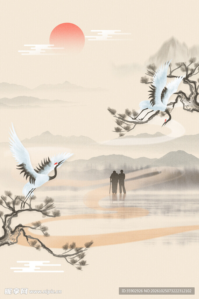 古风水墨松鹤朝阳图