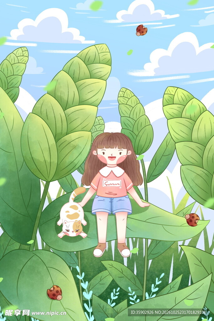 夏日绿植间小女孩插画