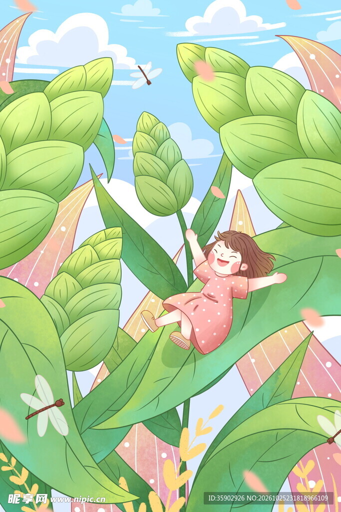 绿叶间休憩的小女孩