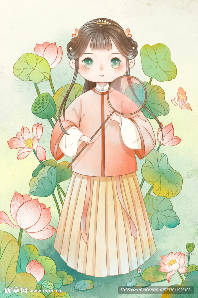 荷塘边古风汉服少女