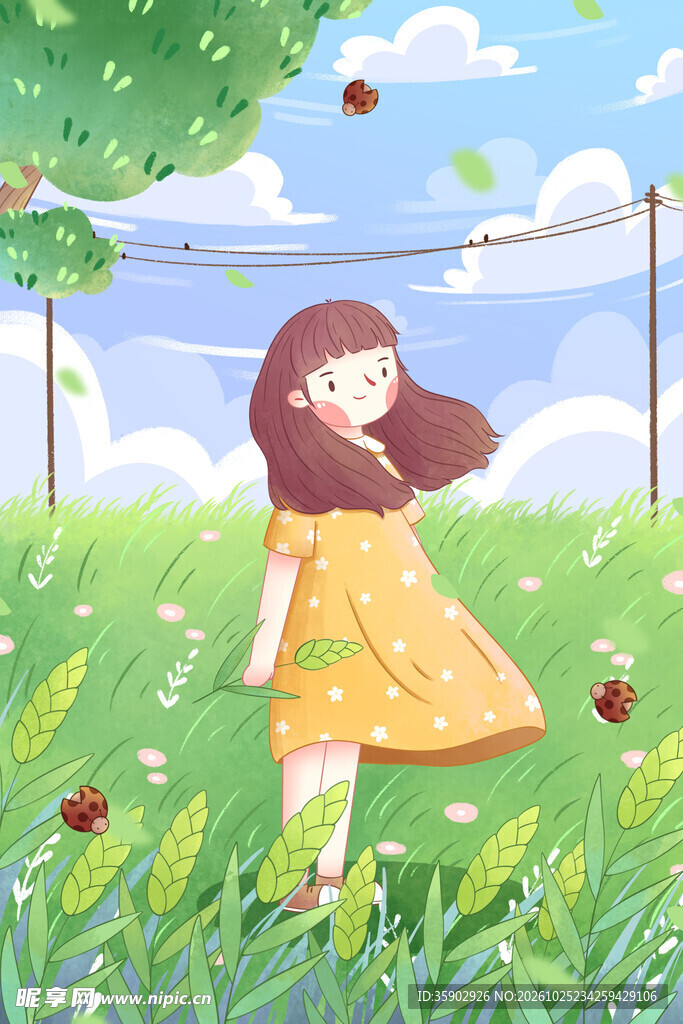 春日草地少女插画