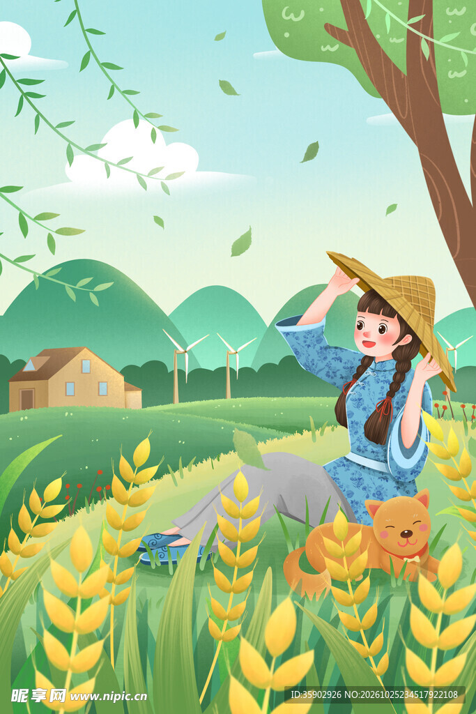 丰收麦田农作少女插画