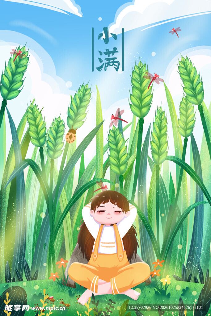 小满节气麦田女孩插画