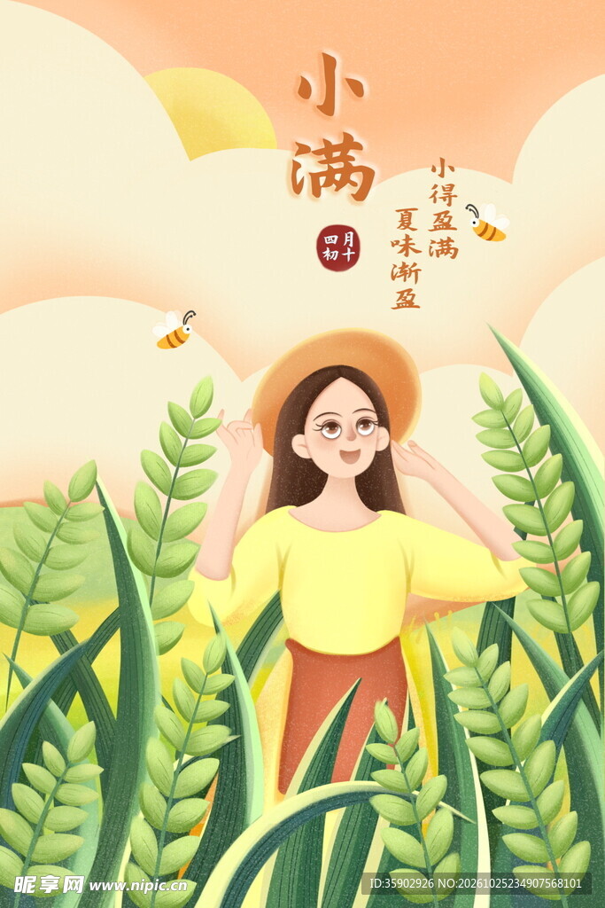 小满节气麦田少女插画