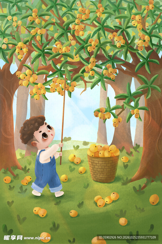 孩童树下打桂花插画