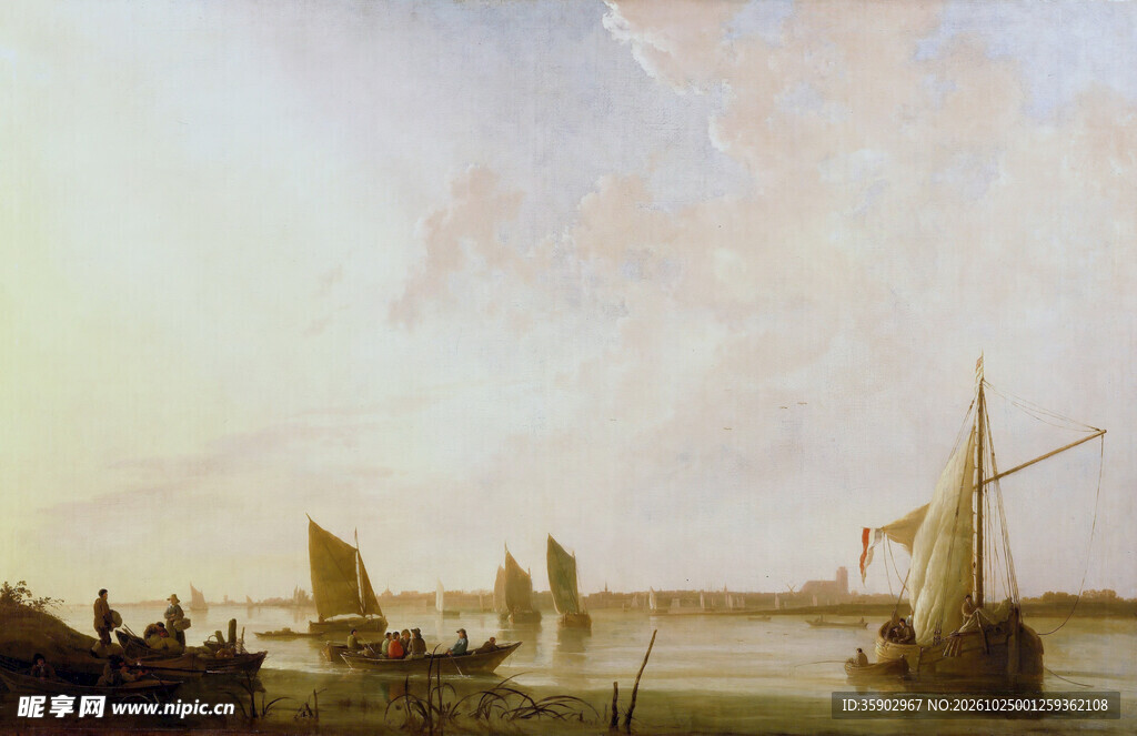 河面帆船古典风景油画