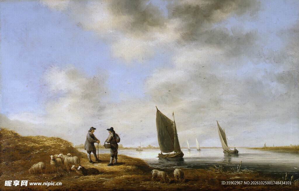 海岸牧人帆船风景油画