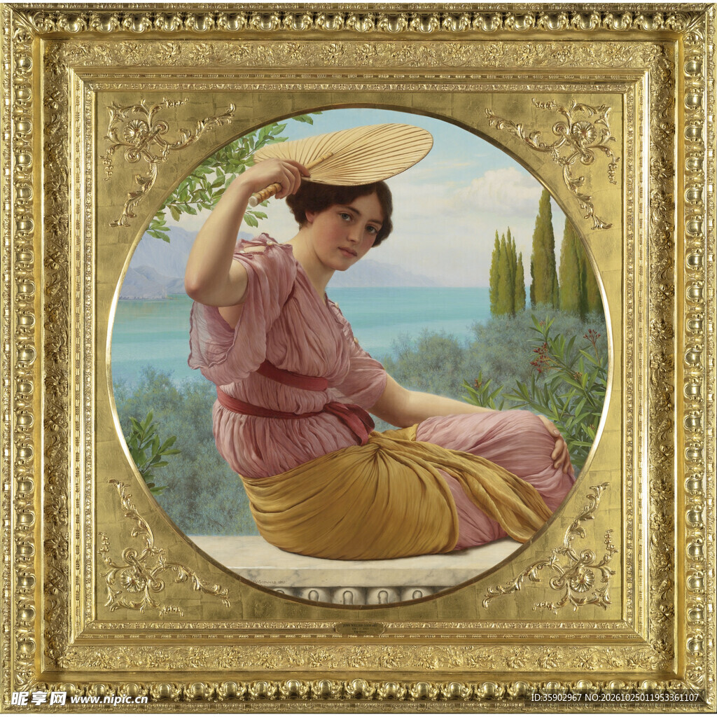 古典持扇女子海景油画