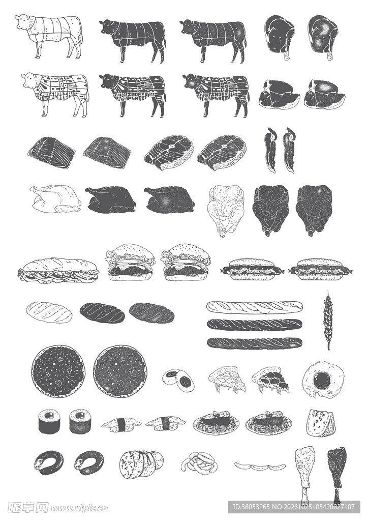 复古做旧食物饮食线稿插画