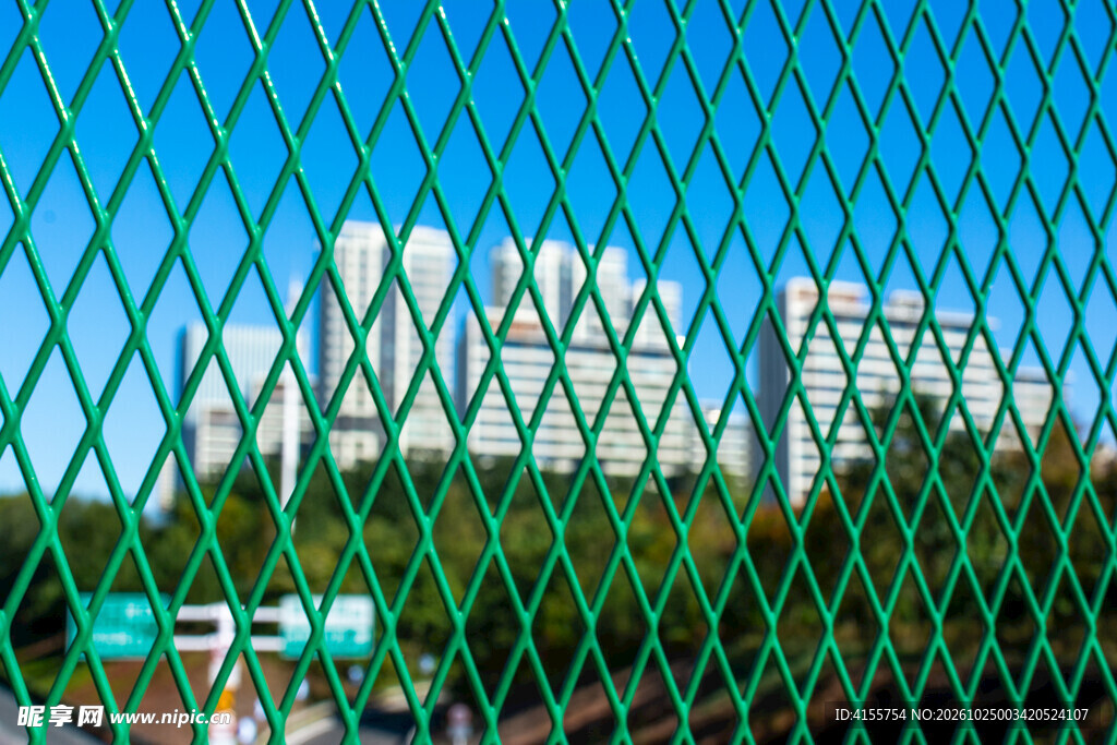 透过绿网的城市远景