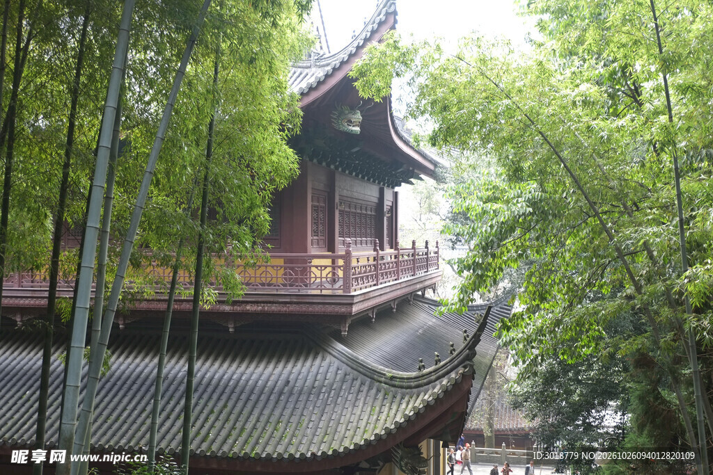竹林掩映古寺楼阁