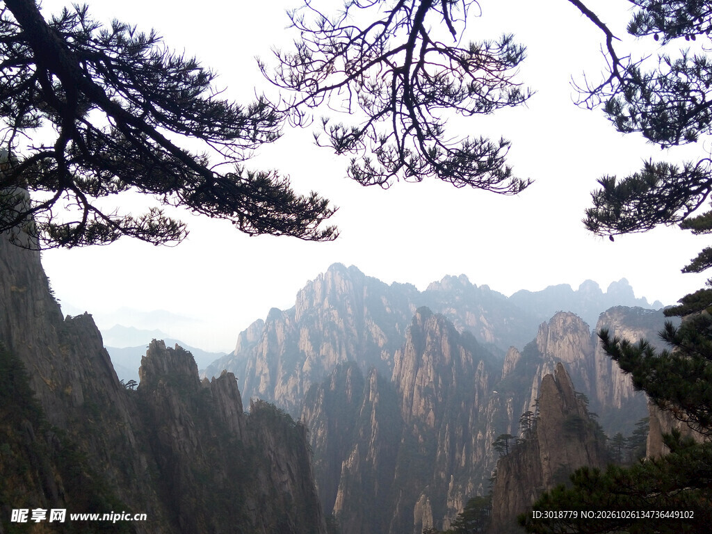 苍松掩映远山奇峰