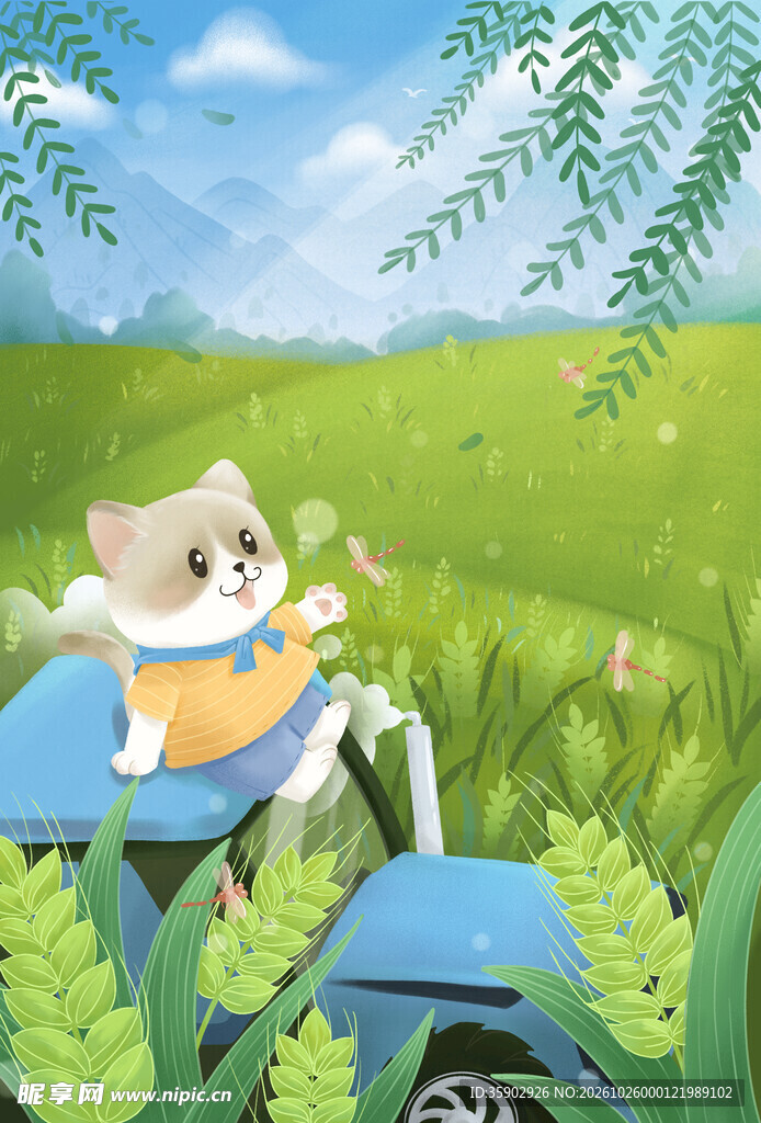 萌猫春日户外出游插画
