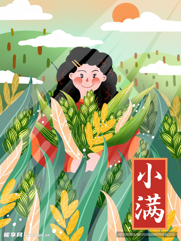 小满节气麦田少女插画