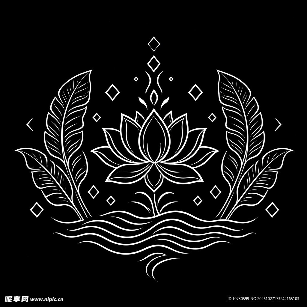 黑底线描莲花装饰图案