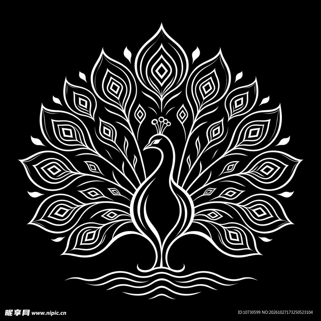 黑白线描开屏孔雀图案