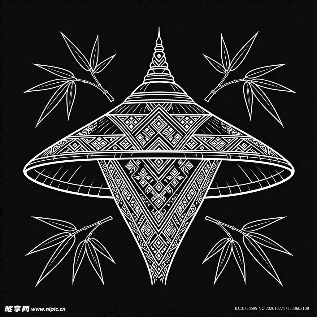 国风斗笠竹叶线描纹样