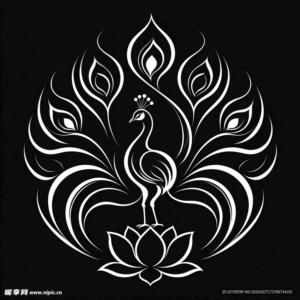线描孔雀莲花纹样