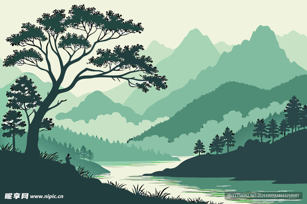 中式青绿山水风景