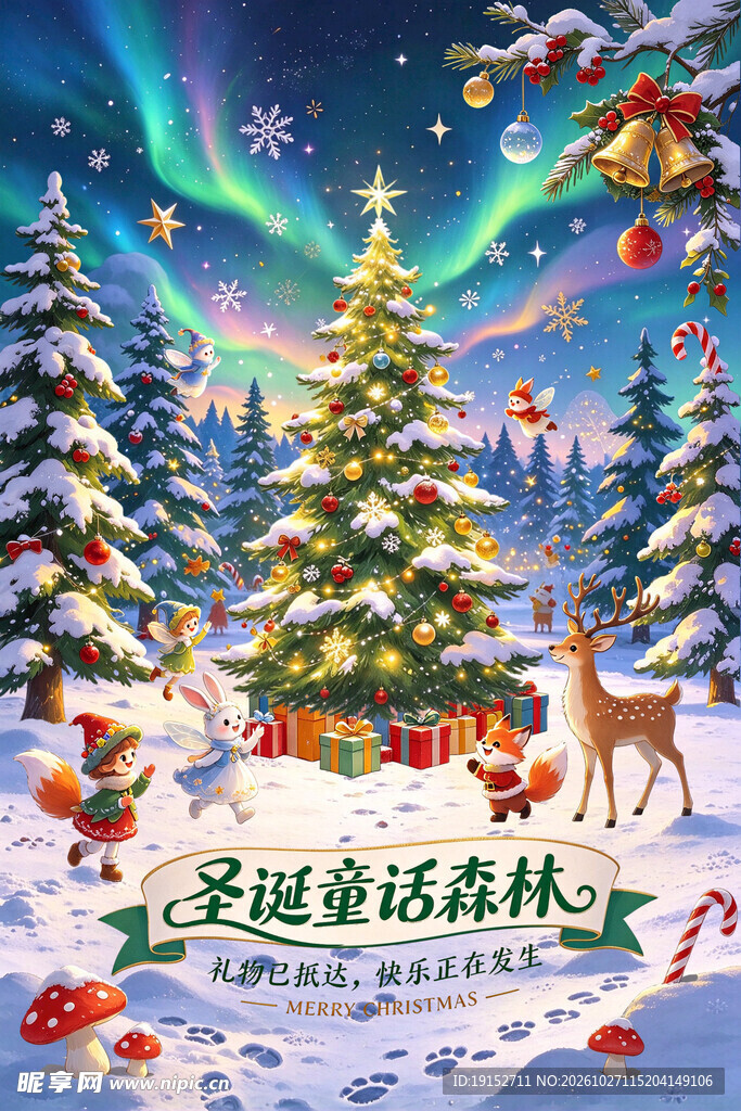 圣诞童话森林雪景插画