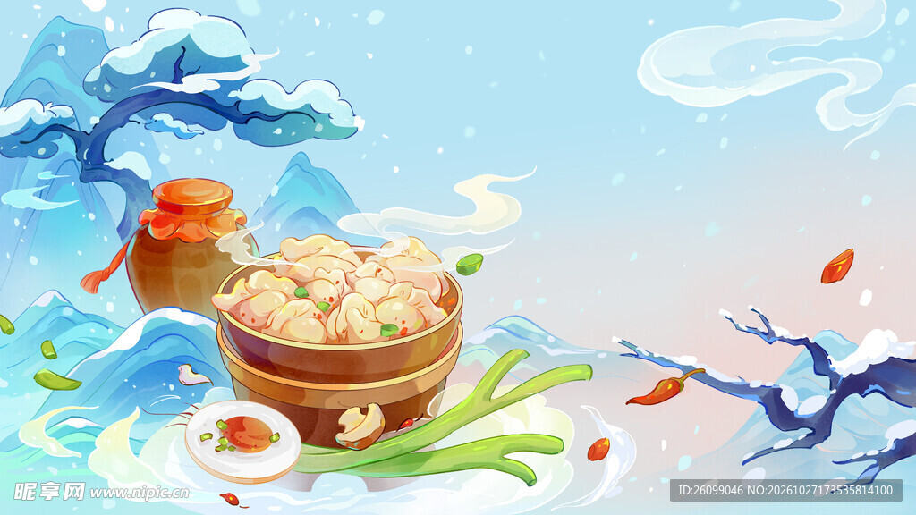 国风水饺美食插画