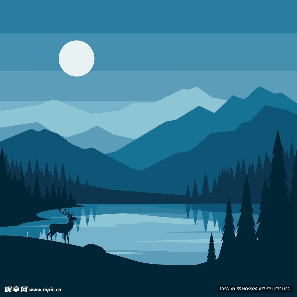 月夜山水插画