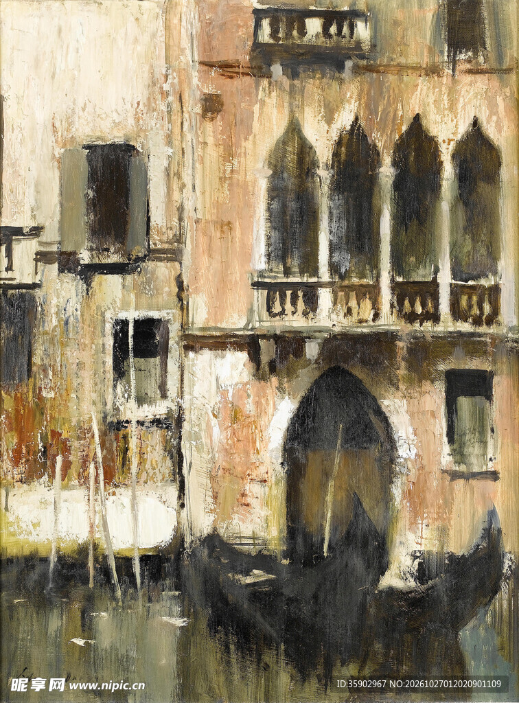 威尼斯水岸建筑油画