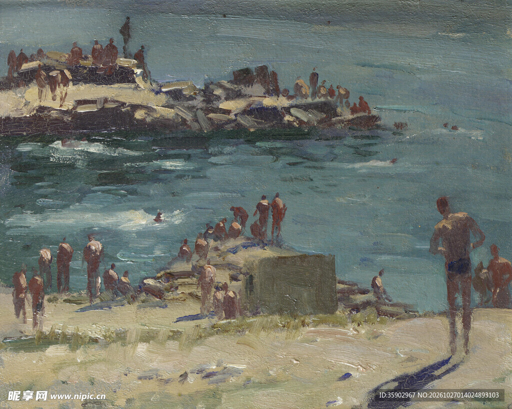 海滨浴场风景油画