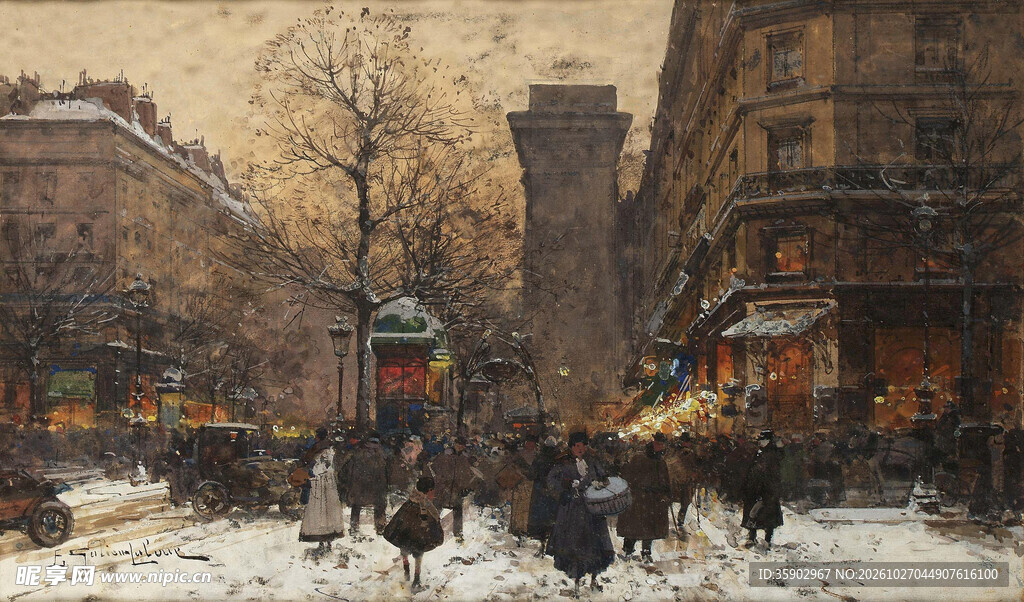 冬日雪后街景油画