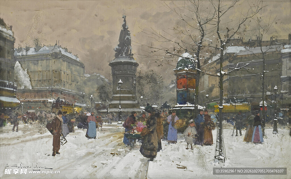 冬日老城雪景街景油画