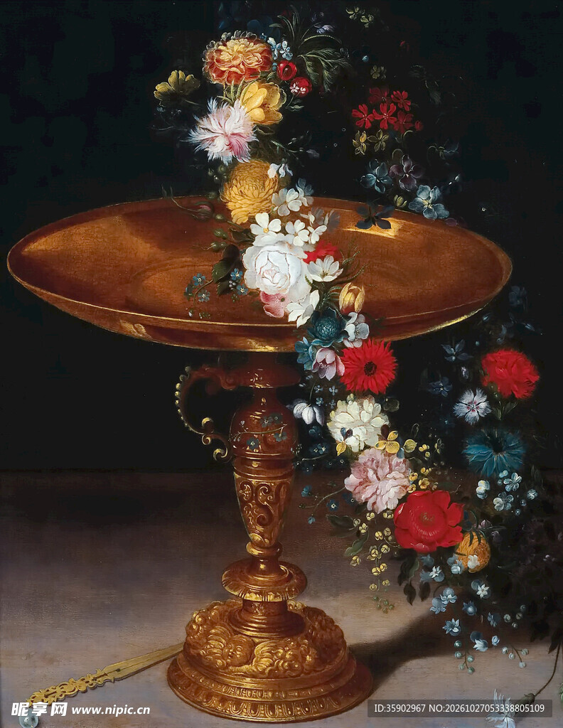 古典金盘花卉静物画