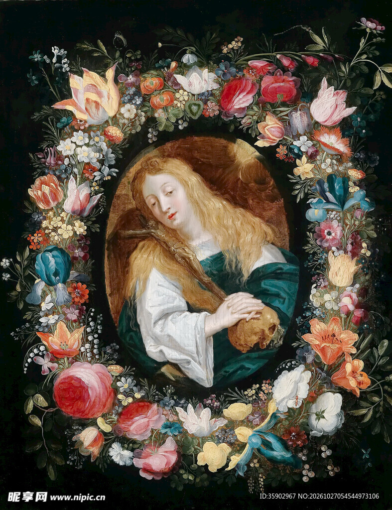 花环环绕少女油画