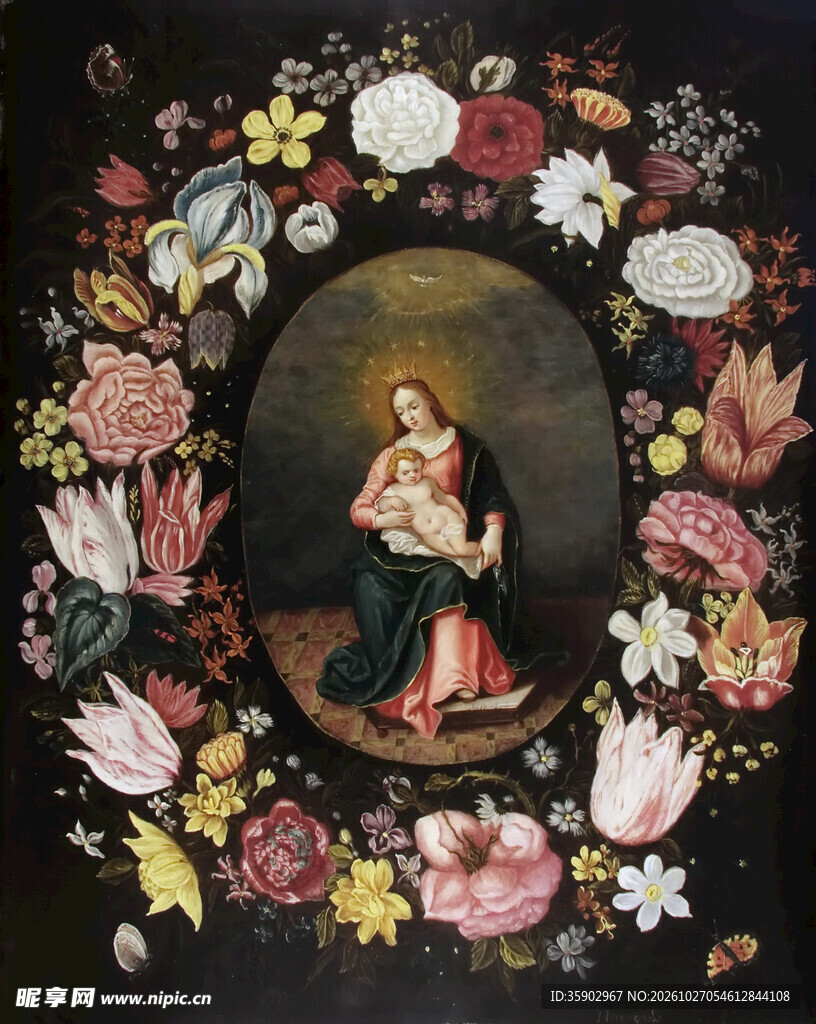 花簇环绕圣母圣婴油画