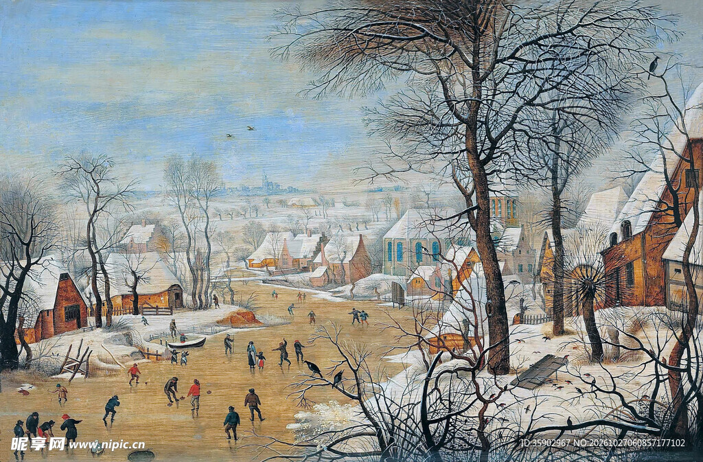 冬日雪后郊野风景油画
