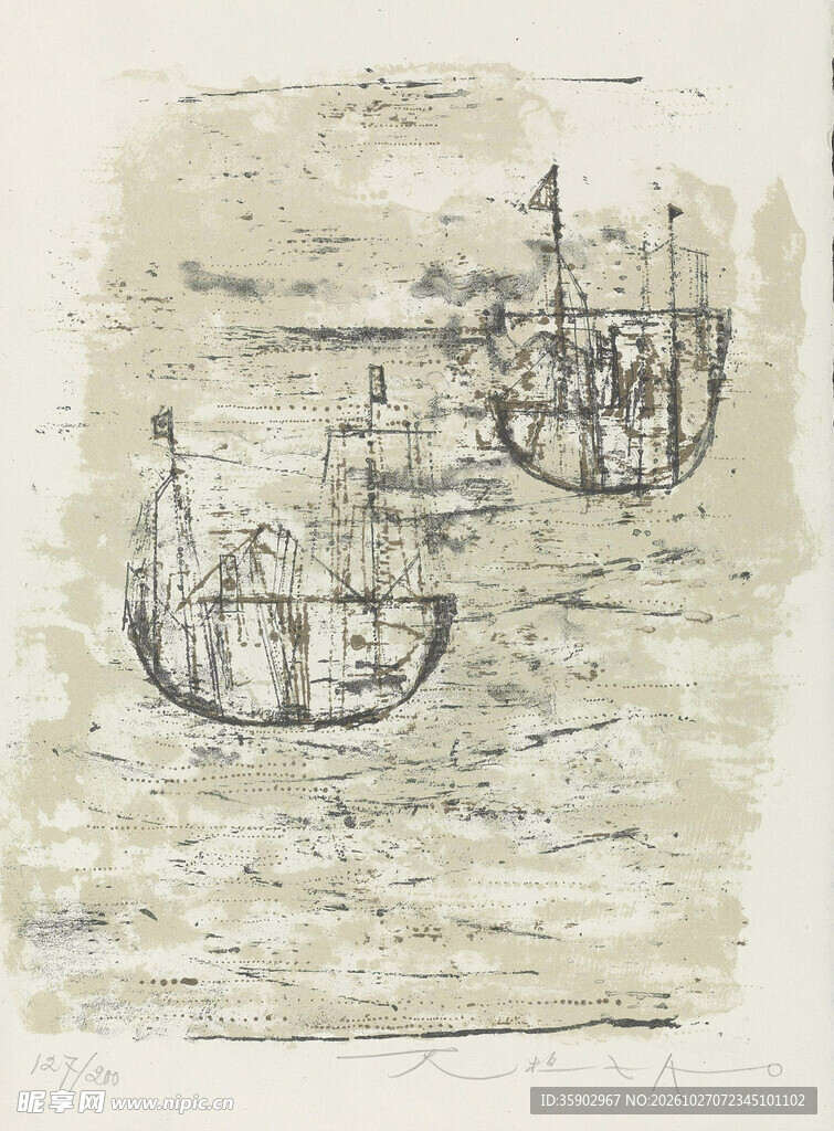 素描水面两艘帆船