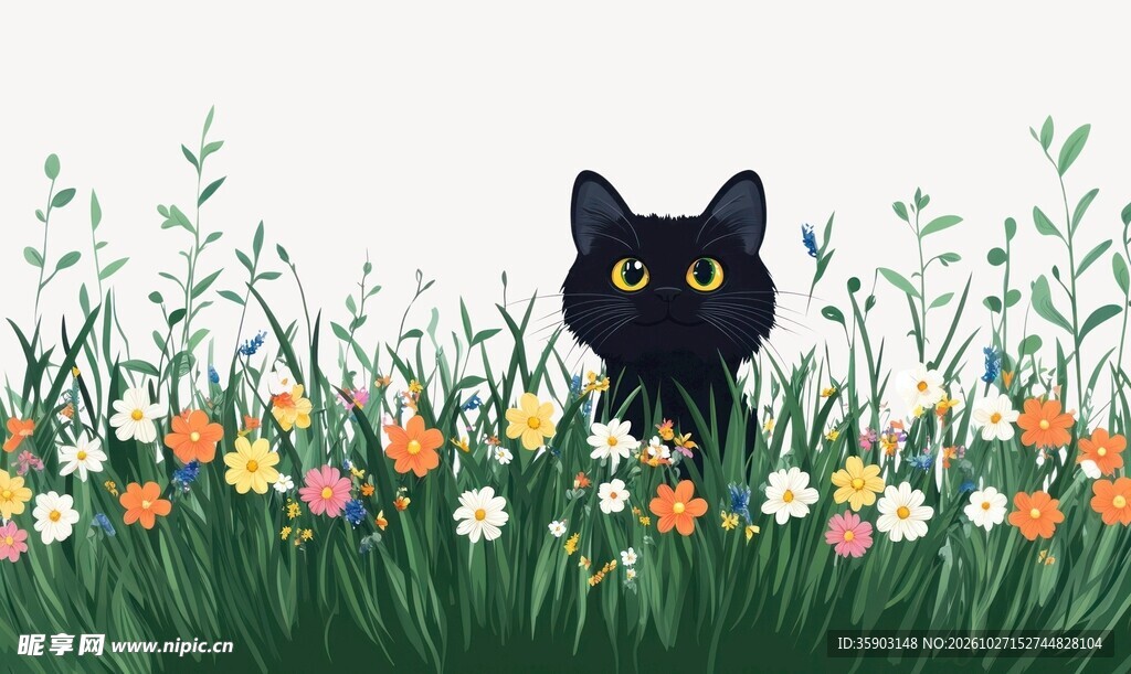 花丛黑猫插画
