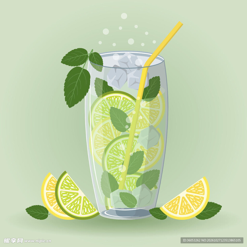 青柠薄荷气泡冷饮插画