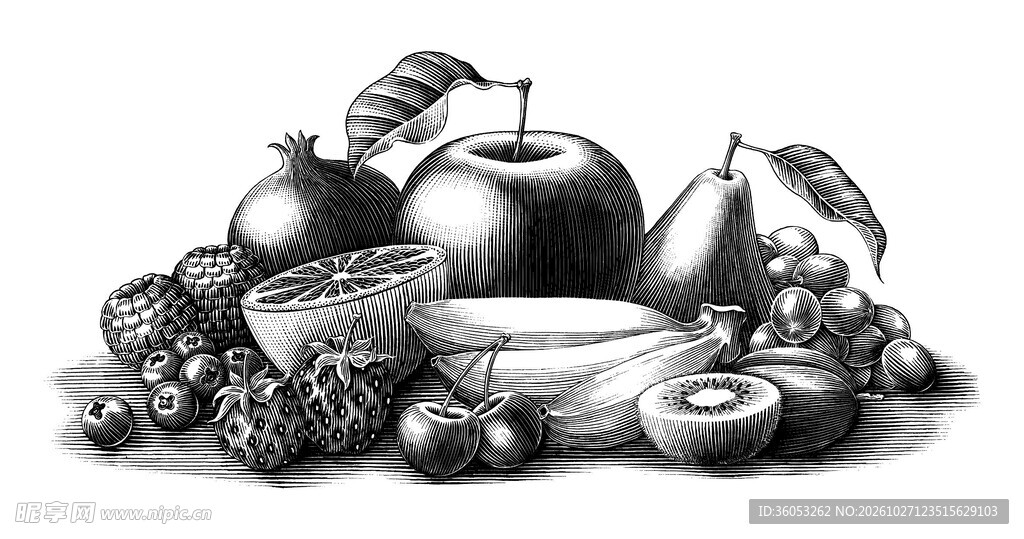 黑白素描水果静物