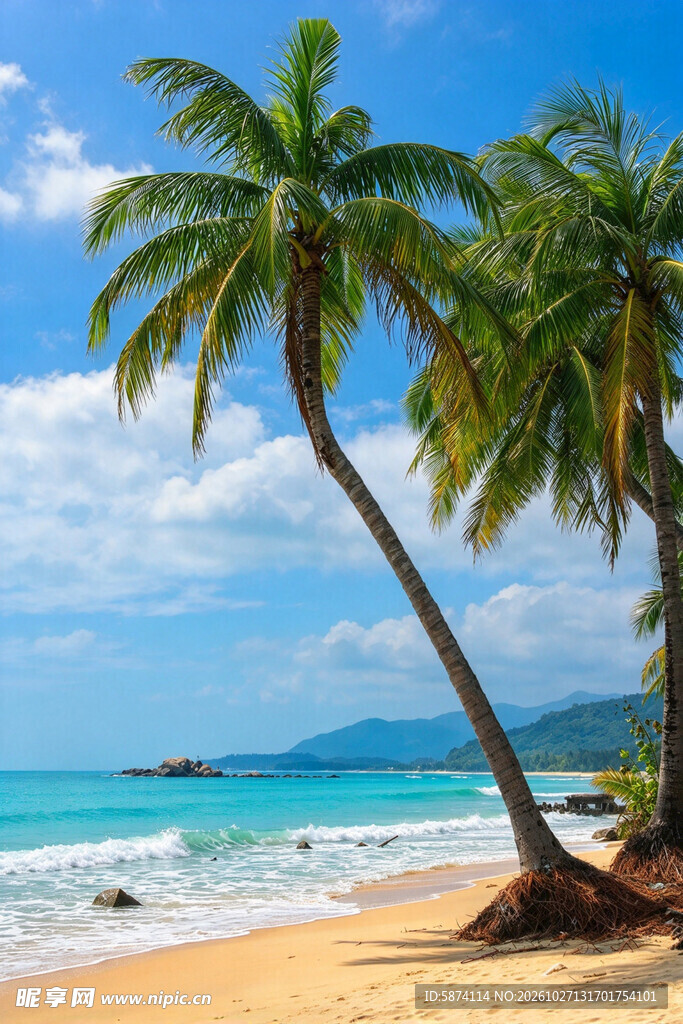 海南海边椰子树沙滩风景照