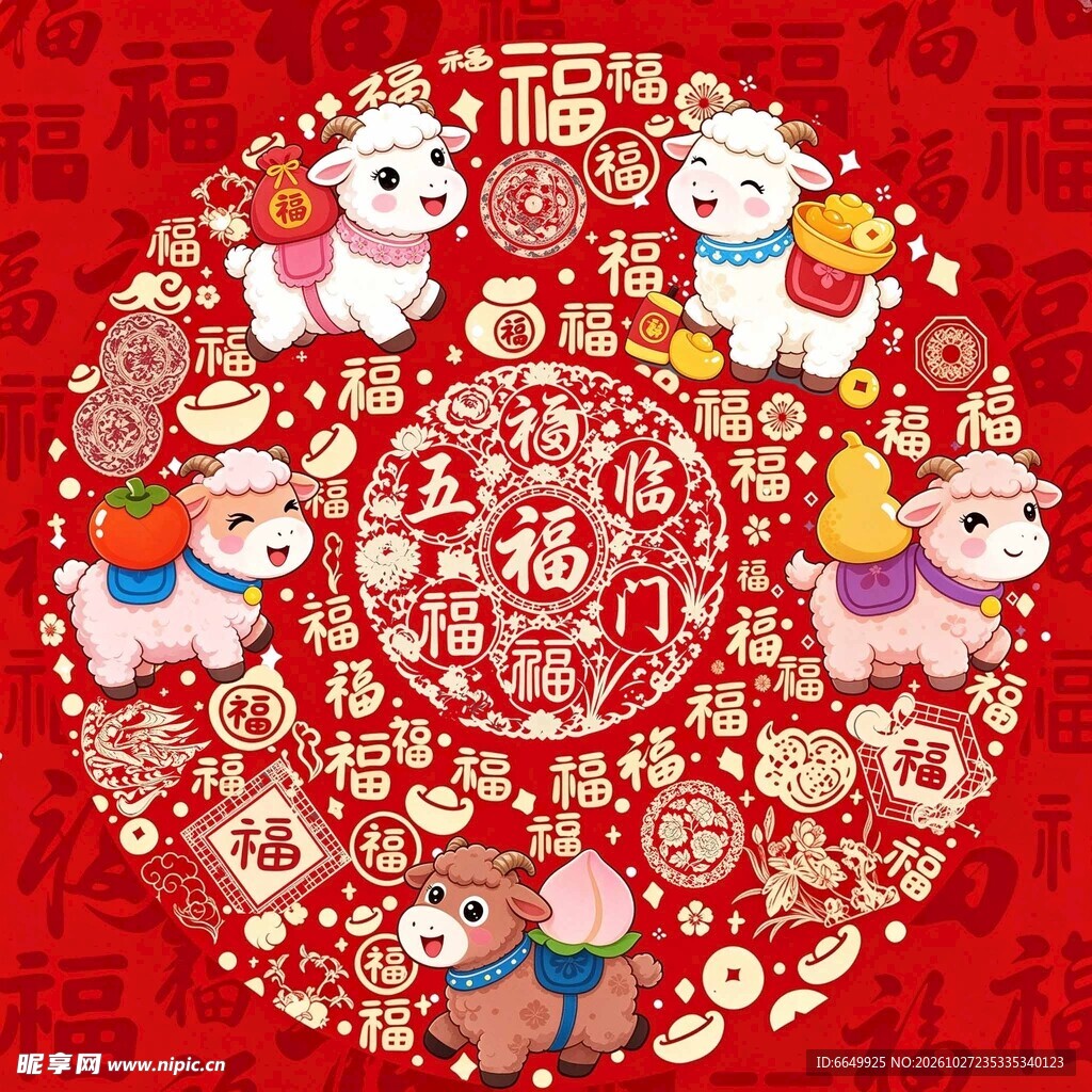 羊年新春五福喜庆图案