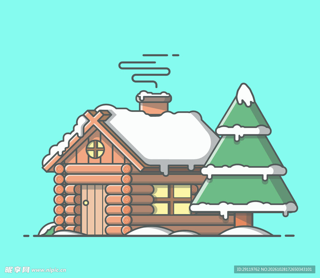 冬日雪中小木屋插画