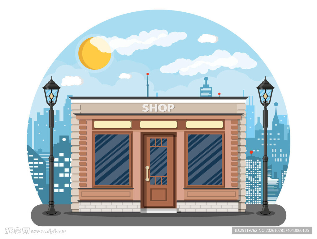 临街小商店卡通插画