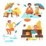 秋日雨天人物活动插画
