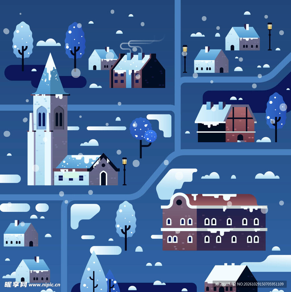 冬夜飘雪小镇插画