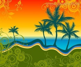 海边椰树剪影与潮流花纹矢量素材