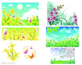 矢量黄色花卉 蝴蝶 天空 云朵　百合花