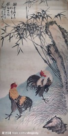 清代水墨画竹下双鸡图