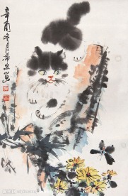 庞希泉现代国画~猫蝶图